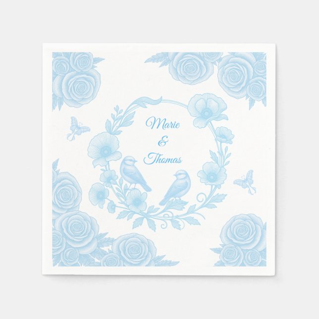 Blue Floral Wedding Napkin 💙 Personalised Names  (Front)
