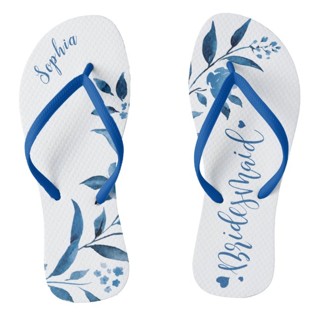 Blue floral wedding party bridesmaid flip flops (Footbed)