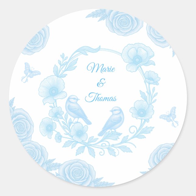 Blue Floral Wedding  💙 Personalised Names  Classic Round Sticker (Front)