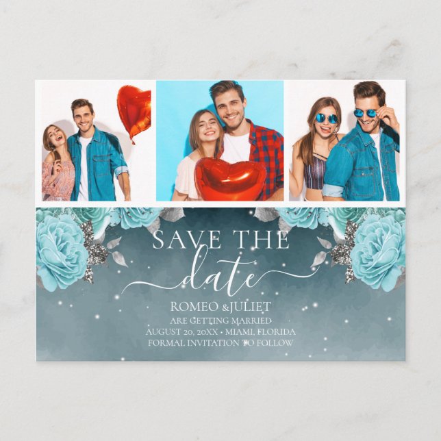 Blue Floral Wedding Photo Collage Save the Date Announcement Postcard (Front)