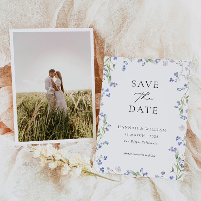 Blue Floral Wedding Photo Save the Date Card (Creator Uploaded)