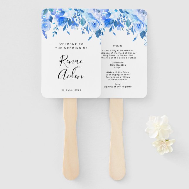 Blue floral wedding program hand fan, blue floral fan (Front and Back)
