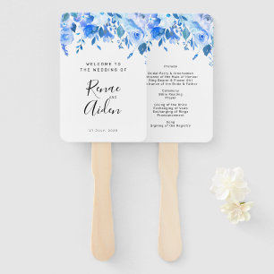 Blue floral wedding program hand fan, blue floral hand fan