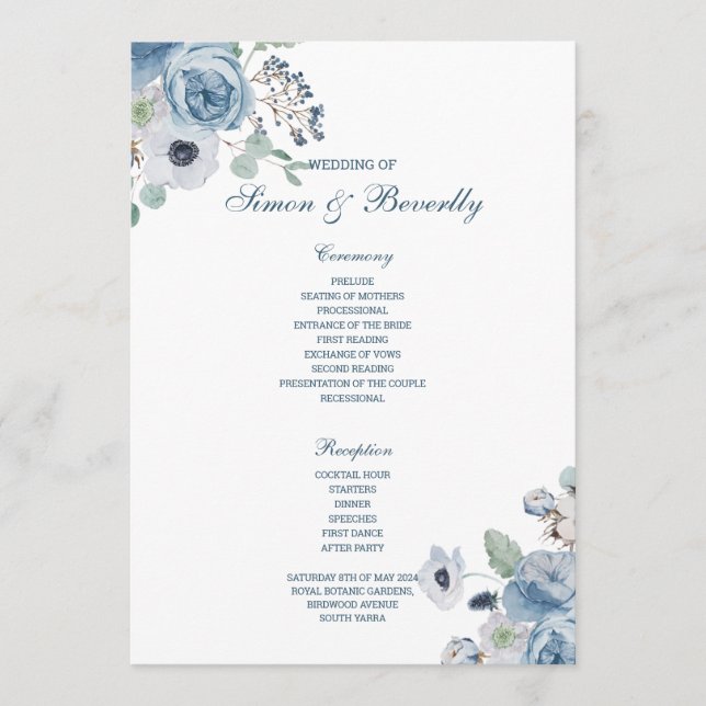 Blue Floral Wedding Program Programme (Front)