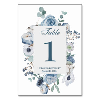 Blue Floral Wedding Reception Table Number Sign