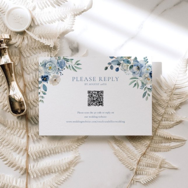 Blue Floral Wedding RSVP QR Code Enclosure Card (Creator Uploaded)