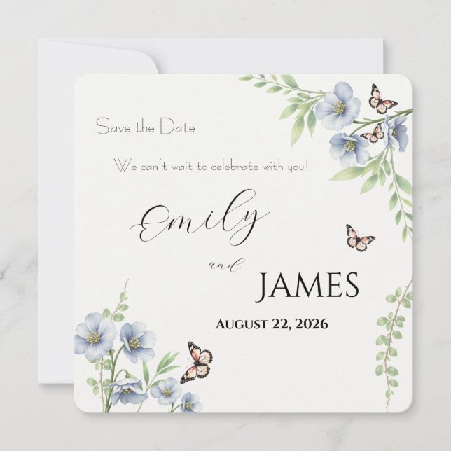 Blue Floral Wedding Save the Date (Front)