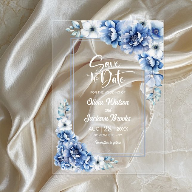 Blue Floral Wedding Save the Date Acrylic Invitations (Creator Uploaded)