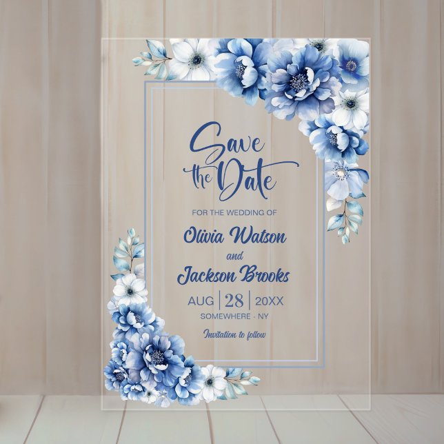 Blue Floral Wedding Save the Date Acrylic Invitations (Creator Uploaded)