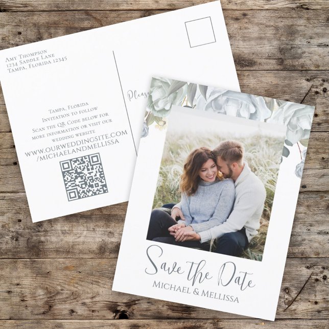 Blue Floral Wedding Save the Date Photo Postcard (Creator Uploaded)