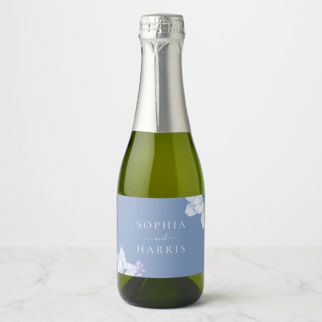 Blue Floral Wedding Sparkling Wine Label (Front)