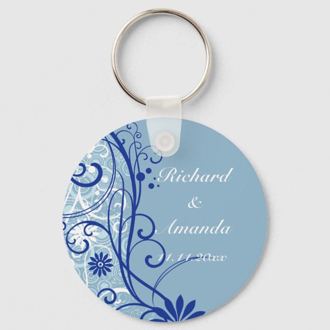 Blue Floral Wedding Swirls Key Ring (Front)