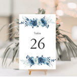 Blue floral wedding table number<br><div class="desc">A lovely blue and white design with painted blue watercolor flowers. The text and colours on this card can be personalised.</div>