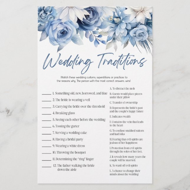 Blue Floral Wedding Traditions Bridal Shower Game  Stationery (Front)