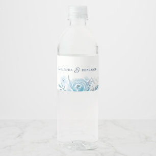 Blue Floral Wedding Watercolor Personalised Water Bottle Label