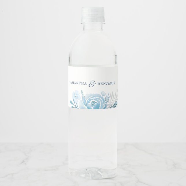 Blue Floral Wedding Watercolor Personalised Water Bottle Label (Front)