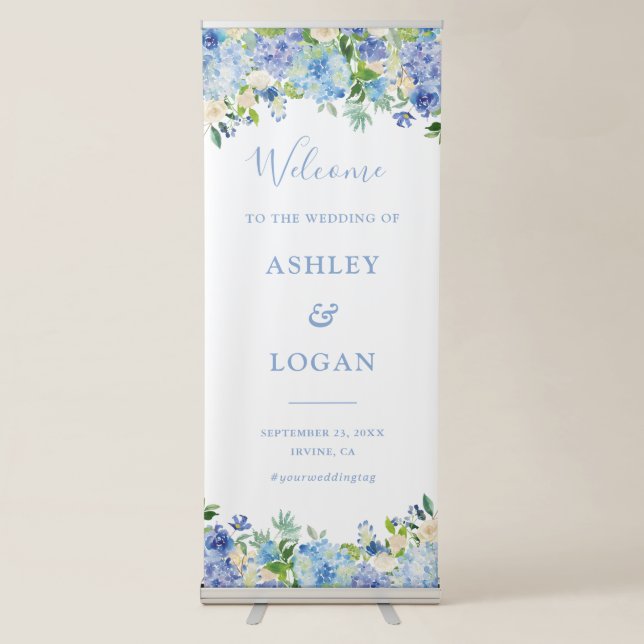 Blue floral Wedding Welcome Retractable Banner (Front)