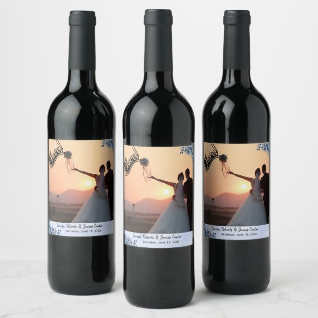 Blue Floral Wedding Wine Bottle Labels (Bottles)