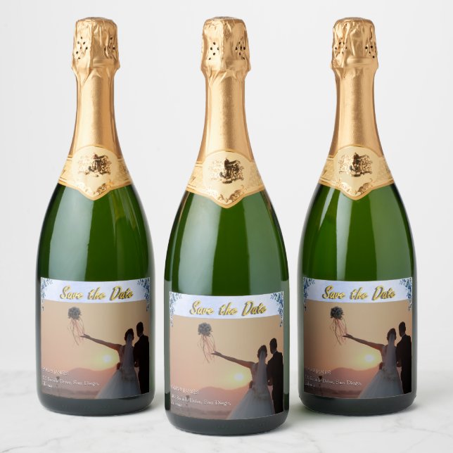 Blue Floral Wedding Wine Bottle Labels (Bottles)