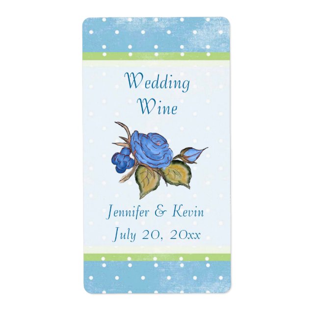 Blue Floral Wedding Wine Label (Front)