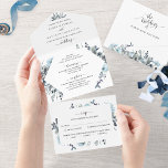Blue Floral Wedding with Perforated RSVP All In One Invitation<br><div class="desc">Elegant All- in- One tri- fold wedding invitation with perforated RSVP postcard. Exquisite blue watercolor floral encasing your details and modern hand written calligraphy elements. Environmentally friendly, as there is no need for extra insert cards, RSVP cards or even envelopes, this invitation has it all! Ability to add both Wedding...</div>