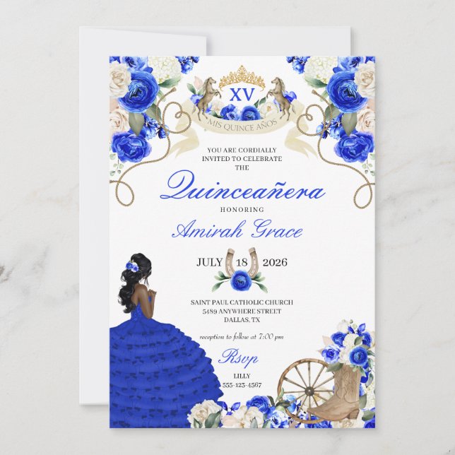 Blue Floral Western Horses Cowgirl Quinceañera Invitation (Front)