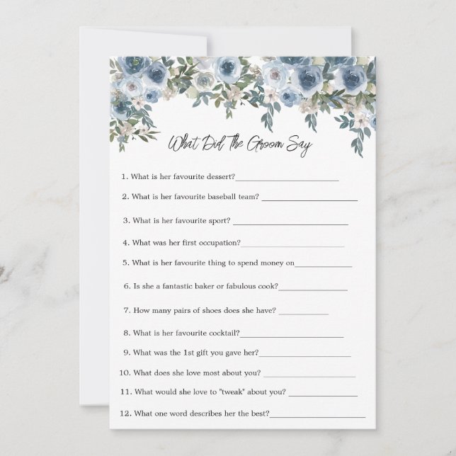 Blue Floral What Did the Groom Say Game Card (Front)