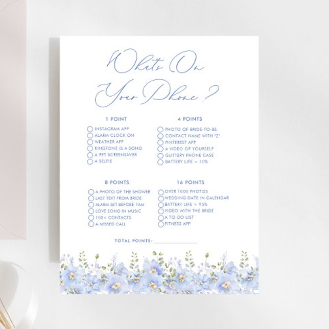 Blue Floral What On Your Phone Bridal Shower Game (Creator Uploaded)