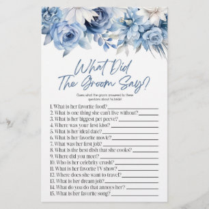 Blue Floral What The Groom Say Bridal Shower Game Stationery