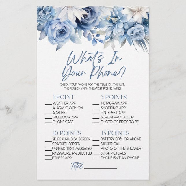 Blue Floral What's In Phone Bridal Shower Game Stationery (Front)