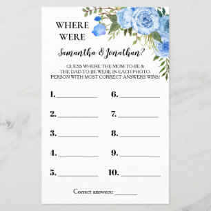 Blue Floral Where were They Baby Shower Game Card