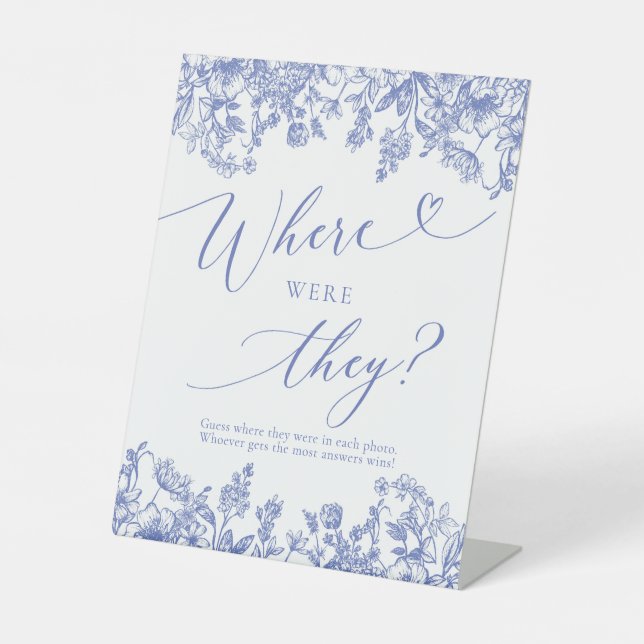 Blue Floral Where Were They Bridal Shower Game Pedestal Sign (Front)