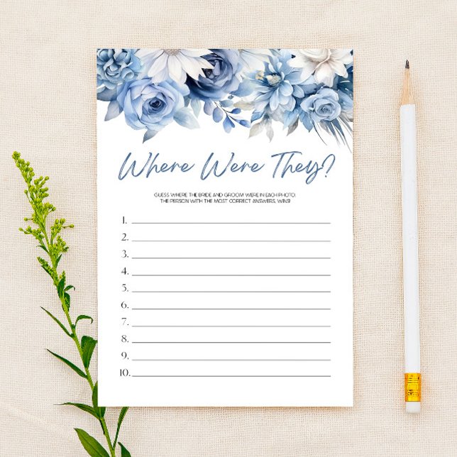 Blue Floral Where Were They? Bridal Shower Game  Stationery (Creator Uploaded)