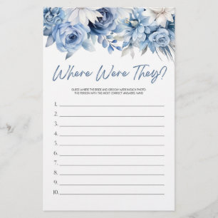 Blue Floral Where Were They? Bridal Shower Game Stationery
