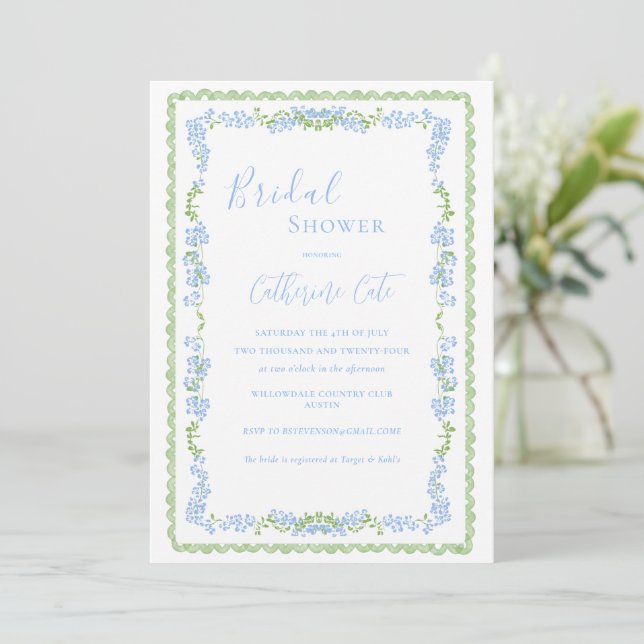 Blue Floral Whimsical Bridal Shower  Invitation (Standing Front)