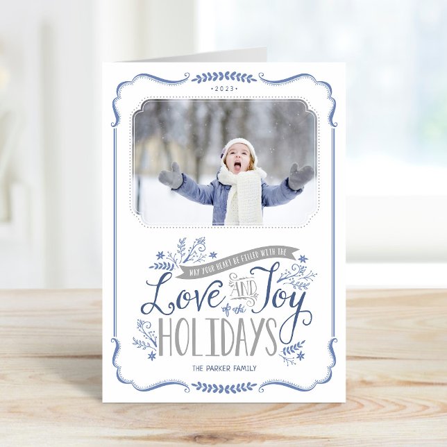 Blue Floral Whimsy 2 Photo Folded Holiday Card (Creator Uploaded)