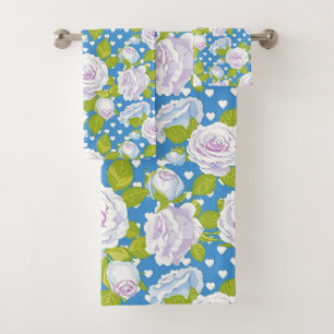 Blue Floral White Rose Trendy Sylish Bath Towel Set
