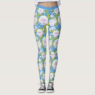 Blue Floral White Rose Trendy Yoga Style Leggings