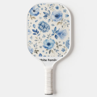 Blue Floral White Watercolor Pickleball Paddle