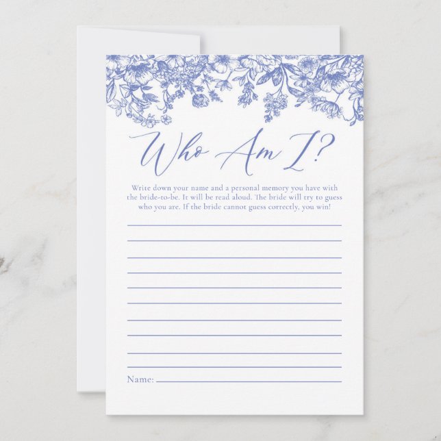 Blue Floral Who Am I Bridal Shower Game Card (Front)