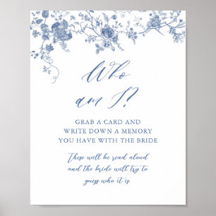 Blue Floral Who Am I Bridal Shower Game Sign