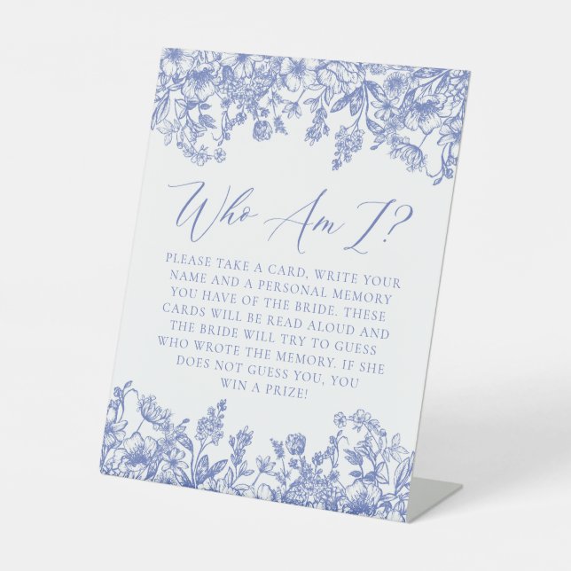 Blue Floral Who Am I Bridal Shower Game Sign (Front)