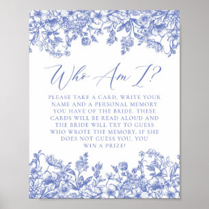 Blue Floral Who Am I Bridal Shower Game Sign