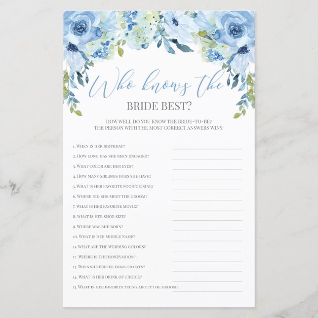Blue floral who knows the bride best game editable (Front)