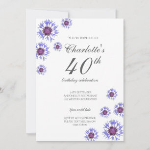 Blue Floral Wildflower 40th Birthday Party Invitation