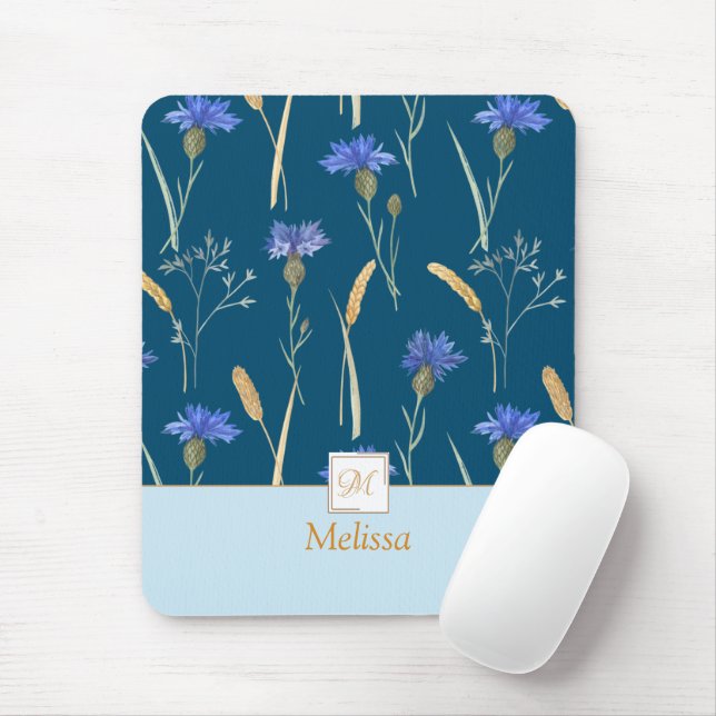 Blue Floral Wildflower Monogram Mouse Mat (With Mouse)