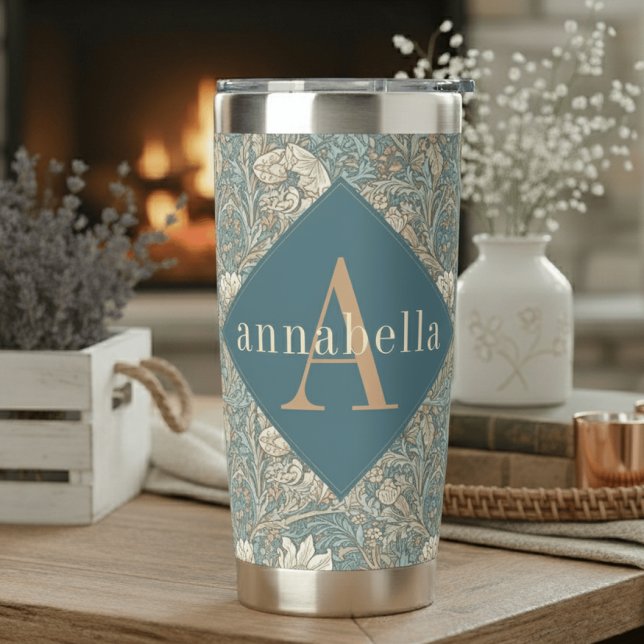Blue Floral William Morris Elegant Monogram Insulated Tumbler (Creator Uploaded)