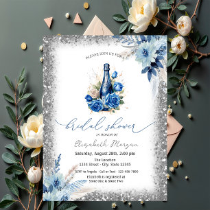 Blue Floral Wine Bottle Glitter Frame Baby Shower  Invitation