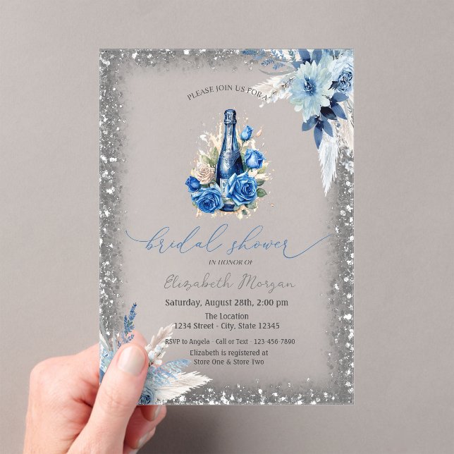 Blue Floral Wine Bottle Glitter Frame Bridal Showe Acrylic Invitations (Insitu (Handheld))