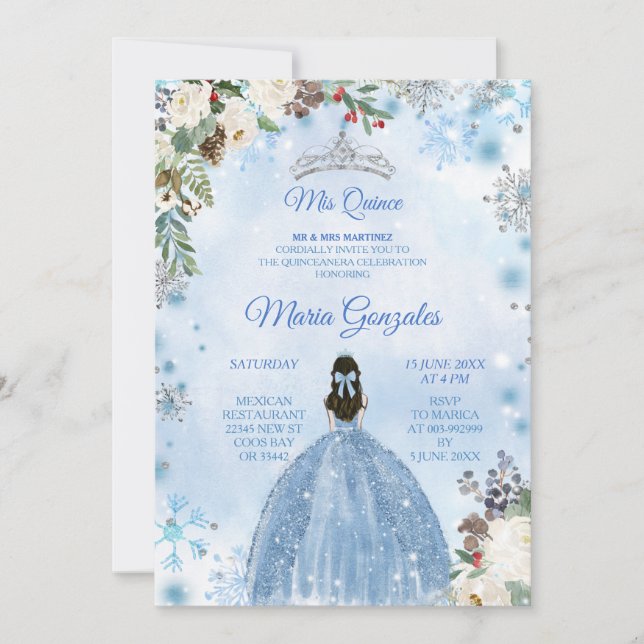 Blue Floral & Winter Holiday Mis Quince Birthday Invitation (Front)